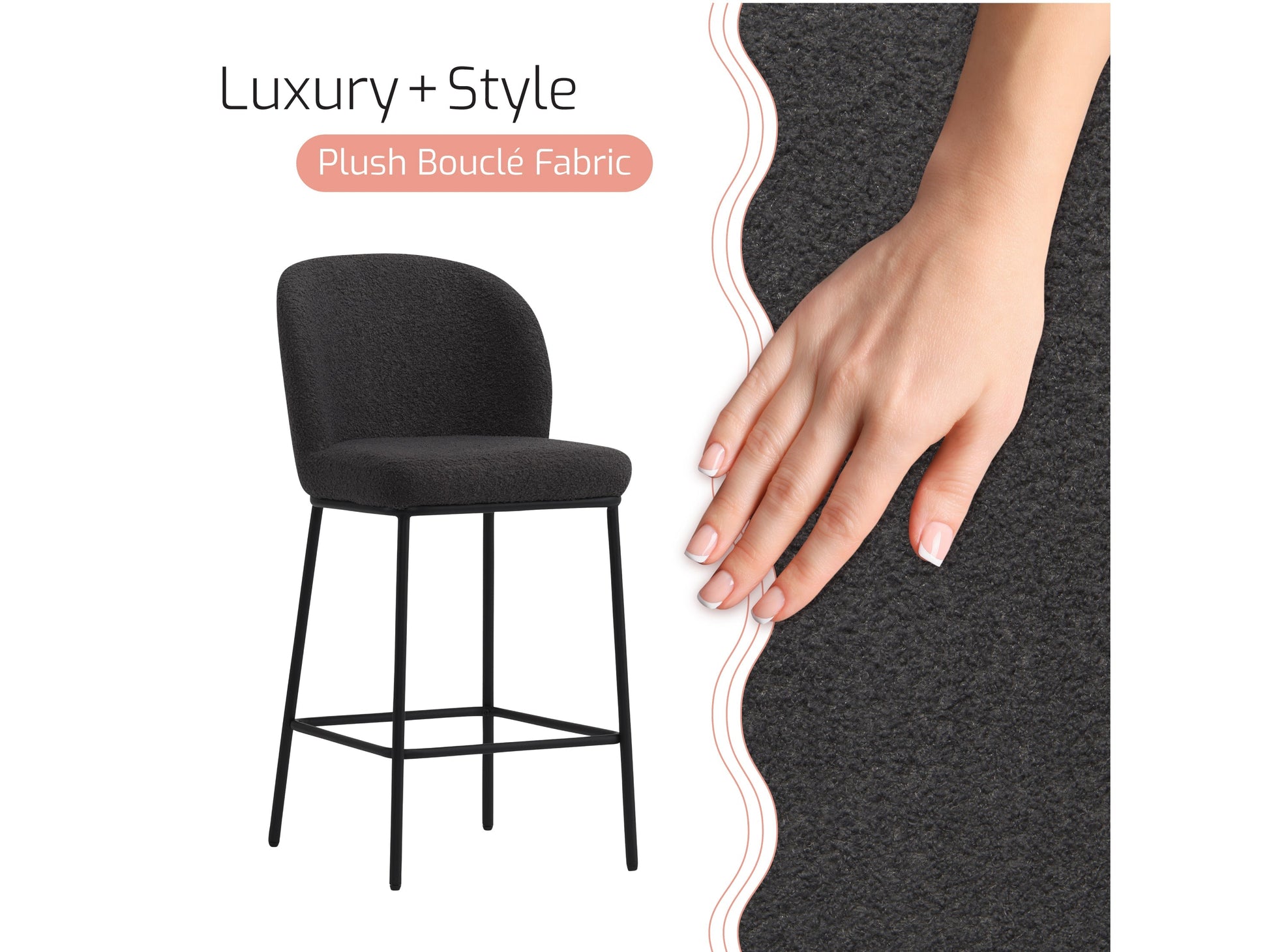 Set of 2 luxury grey boucle bar stools with sleek black metal legs, featuring plush textured upholstery and ergonomic design for stylish and comfortable seating in modern kitchens or home bars.