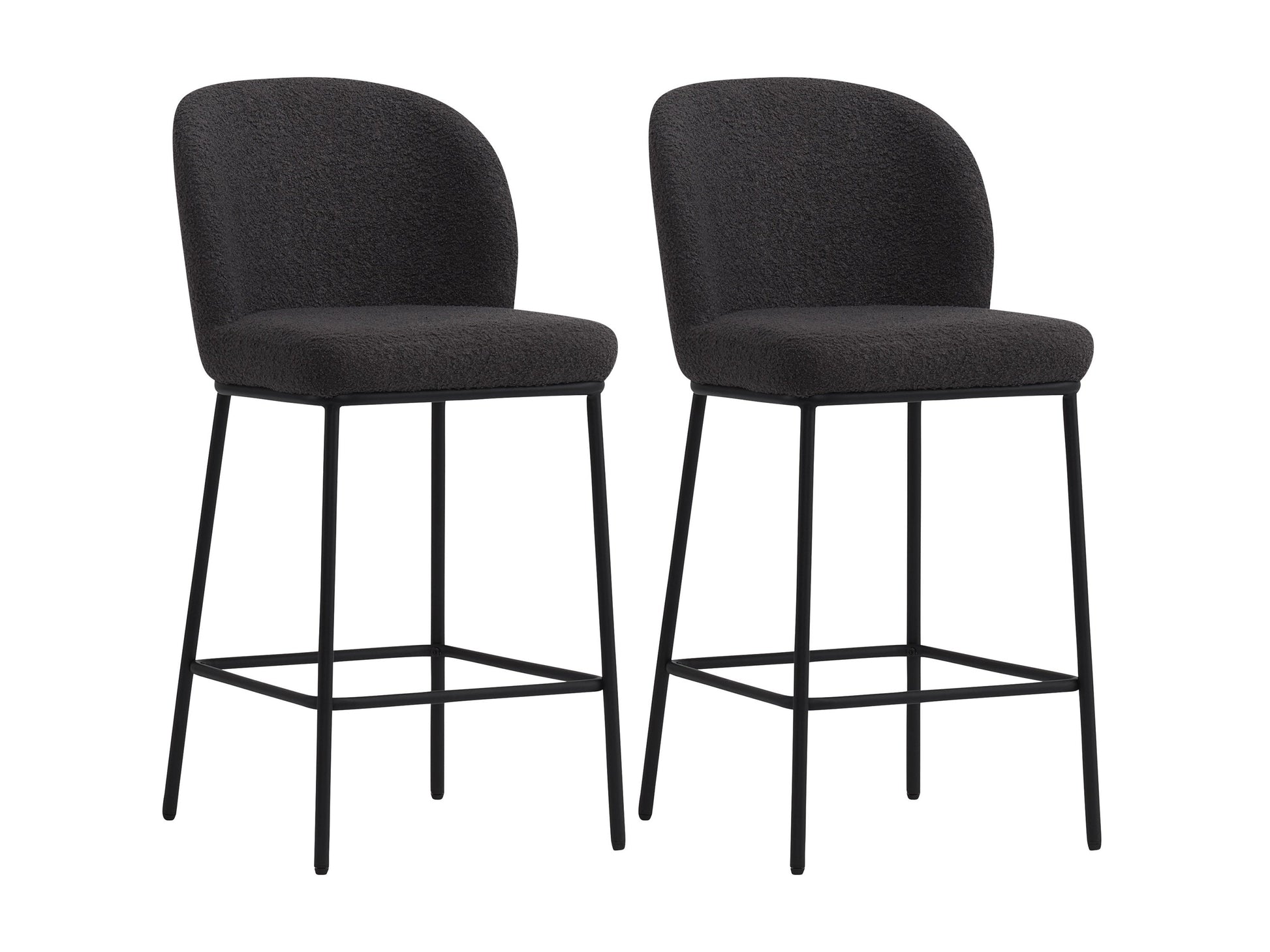 Set of 2 luxury grey boucle bar stools with sleek black metal legs, featuring plush textured upholstery and ergonomic design for stylish and comfortable seating in modern kitchens or home bars.