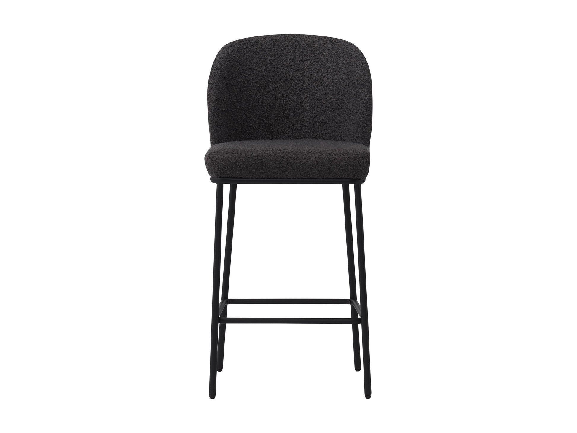 Set of 2 luxury grey boucle bar stools with sleek black metal legs, featuring plush textured upholstery and ergonomic design for stylish and comfortable seating in modern kitchens or home bars.