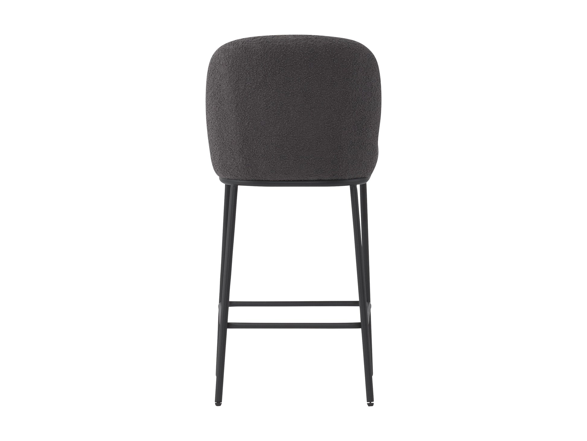 Set of 2 luxury grey boucle bar stools with sleek black metal legs, featuring plush textured upholstery and ergonomic design for stylish and comfortable seating in modern kitchens or home bars.