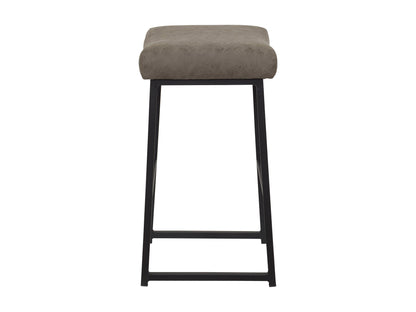 Set of 2 taupe backless bar stools with cushioned seats, wooden legs, and footrests, perfect for kitchen islands or home bars.