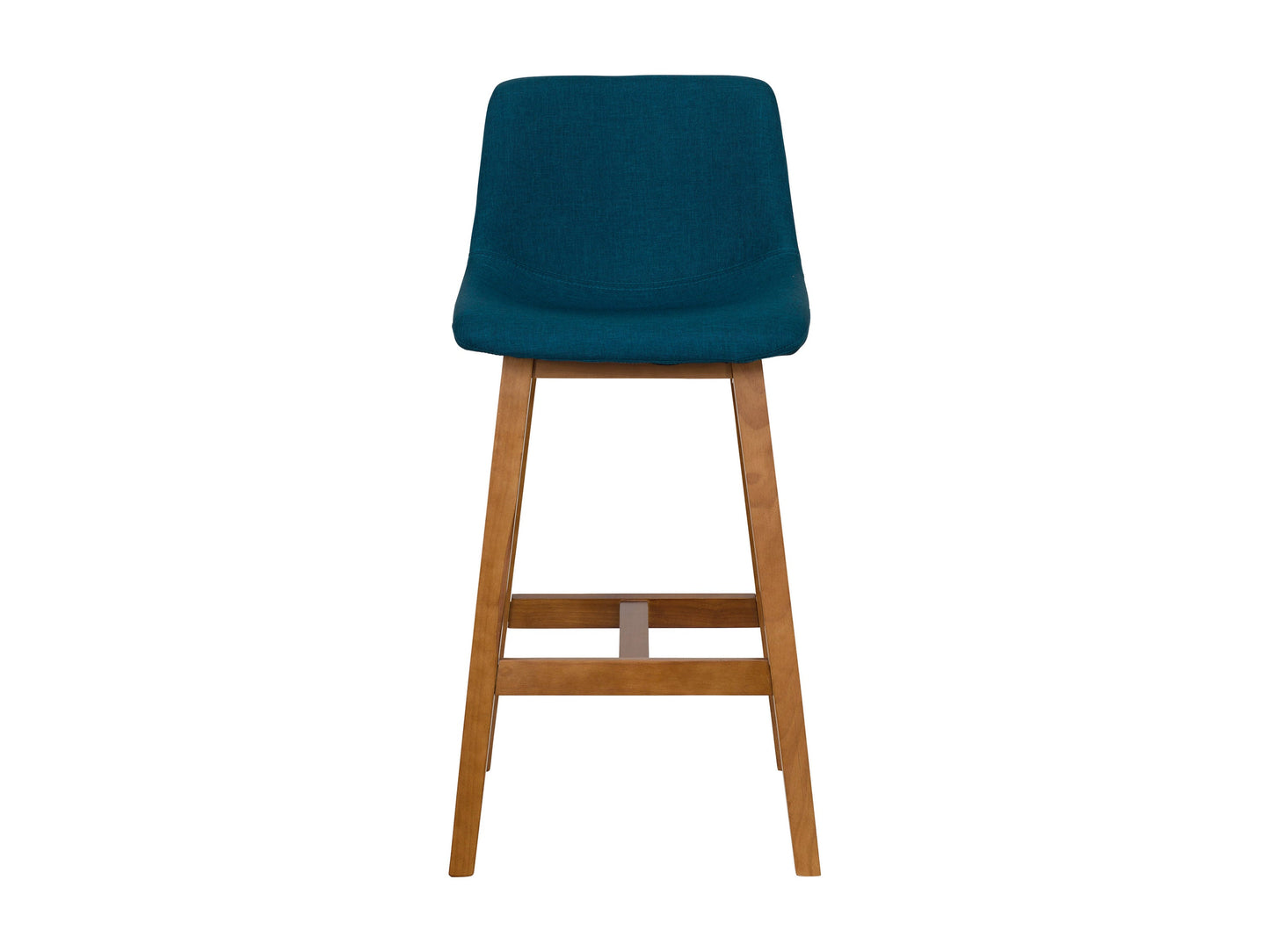 Two wooden bar stools with blue cushioned seats, featuring sleek, minimalist design and sturdy legs. Ideal for kitchen islands or home bars.