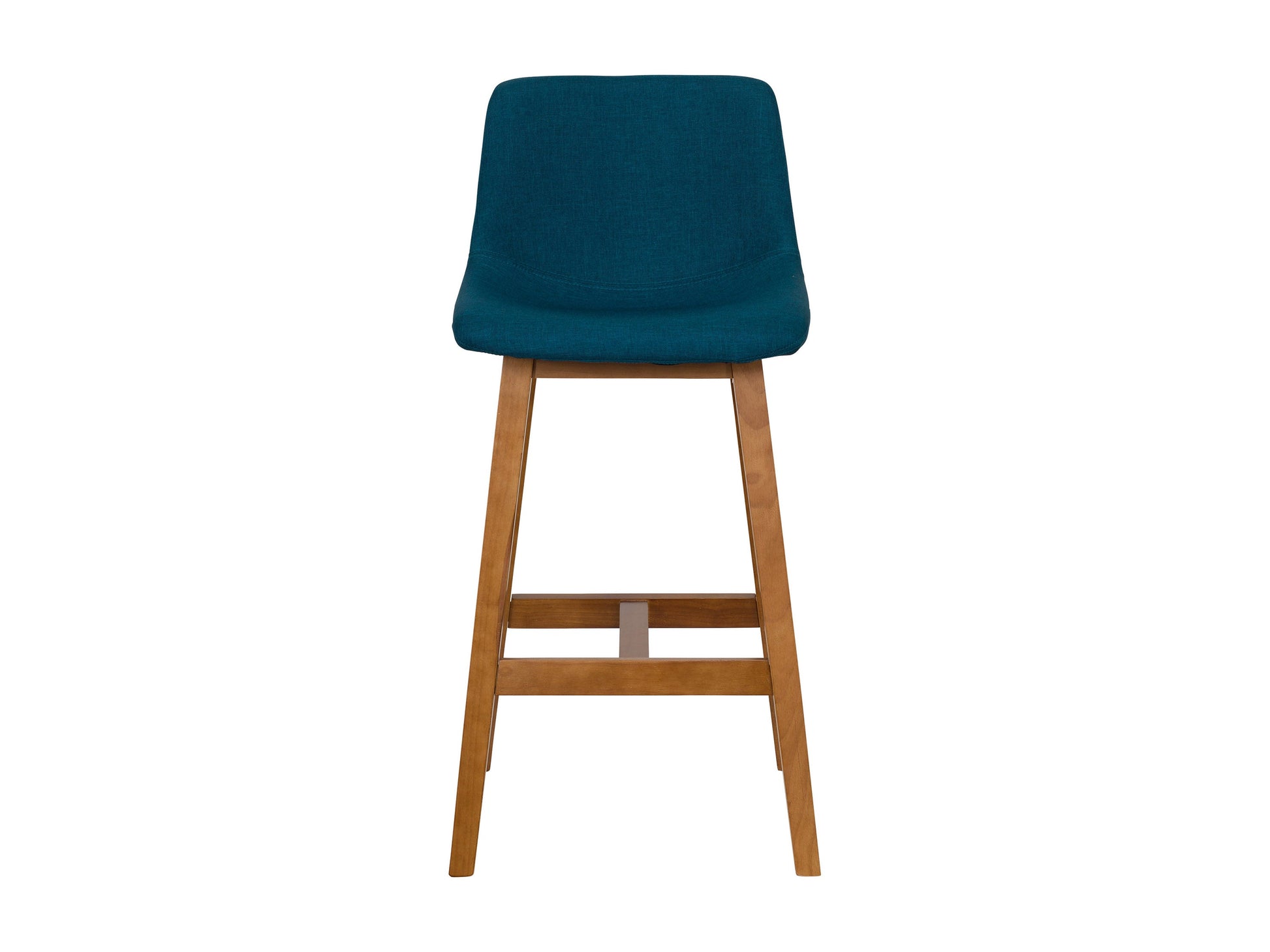 Two wooden bar stools with blue cushioned seats, featuring sleek, minimalist design and sturdy legs. Ideal for kitchen islands or home bars.