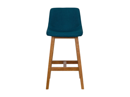 Two wooden bar stools with blue cushioned seats, featuring sleek, minimalist design and sturdy legs. Ideal for kitchen islands or home bars.