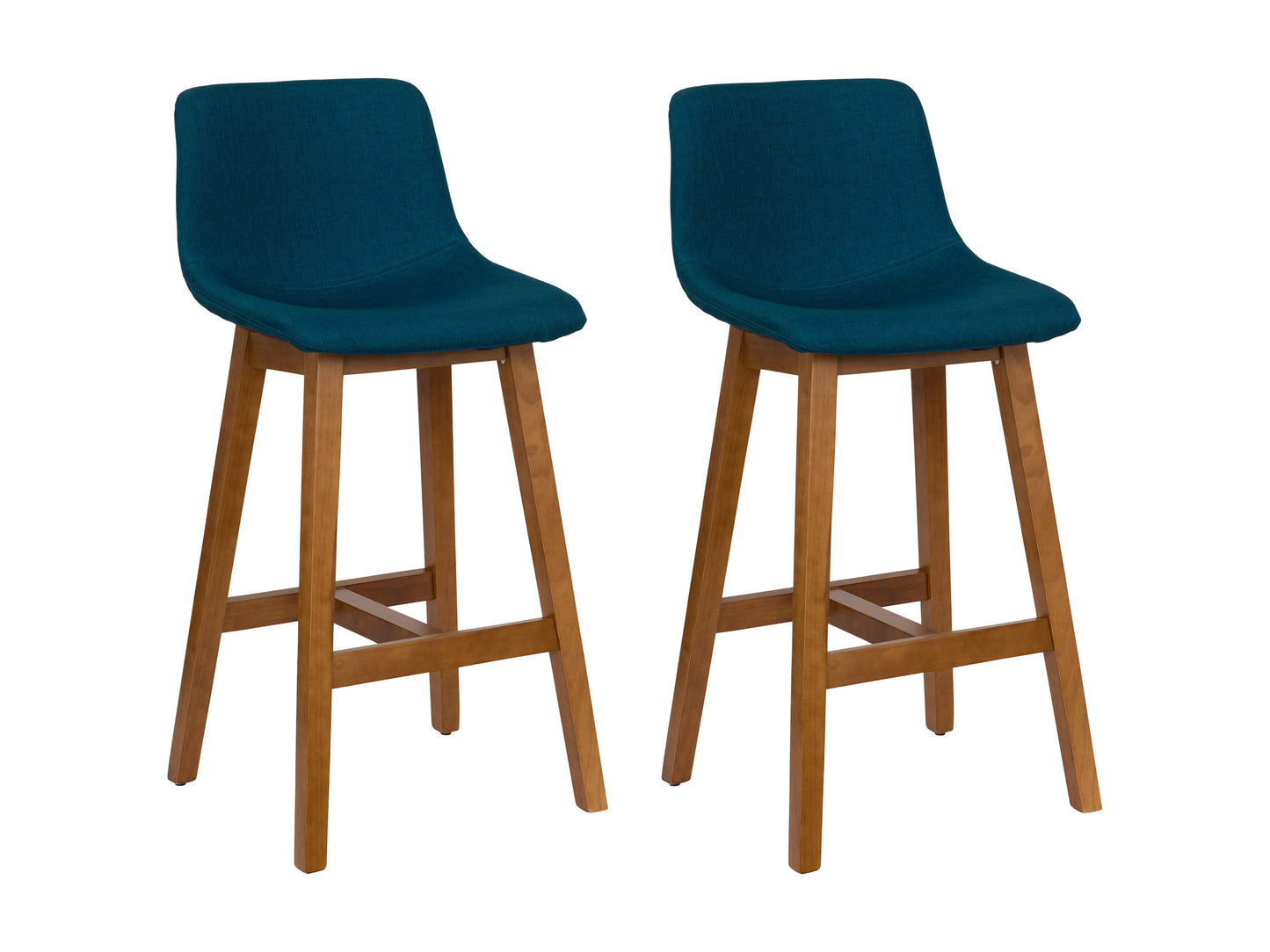 Two wooden bar stools with blue cushioned seats, featuring sleek, minimalist design and sturdy legs. Ideal for kitchen islands or home bars.