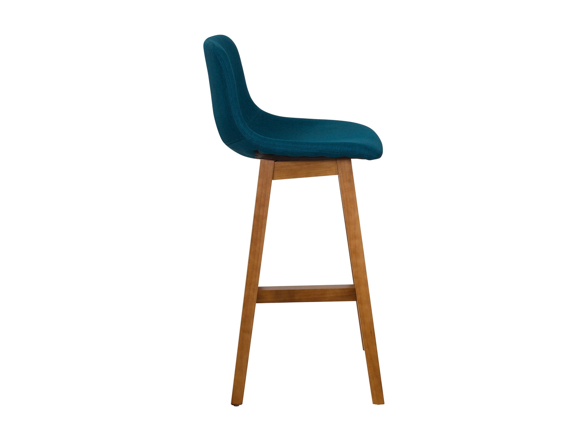 Two wooden bar stools with blue cushioned seats, featuring sleek, minimalist design and sturdy legs. Ideal for kitchen islands or home bars.