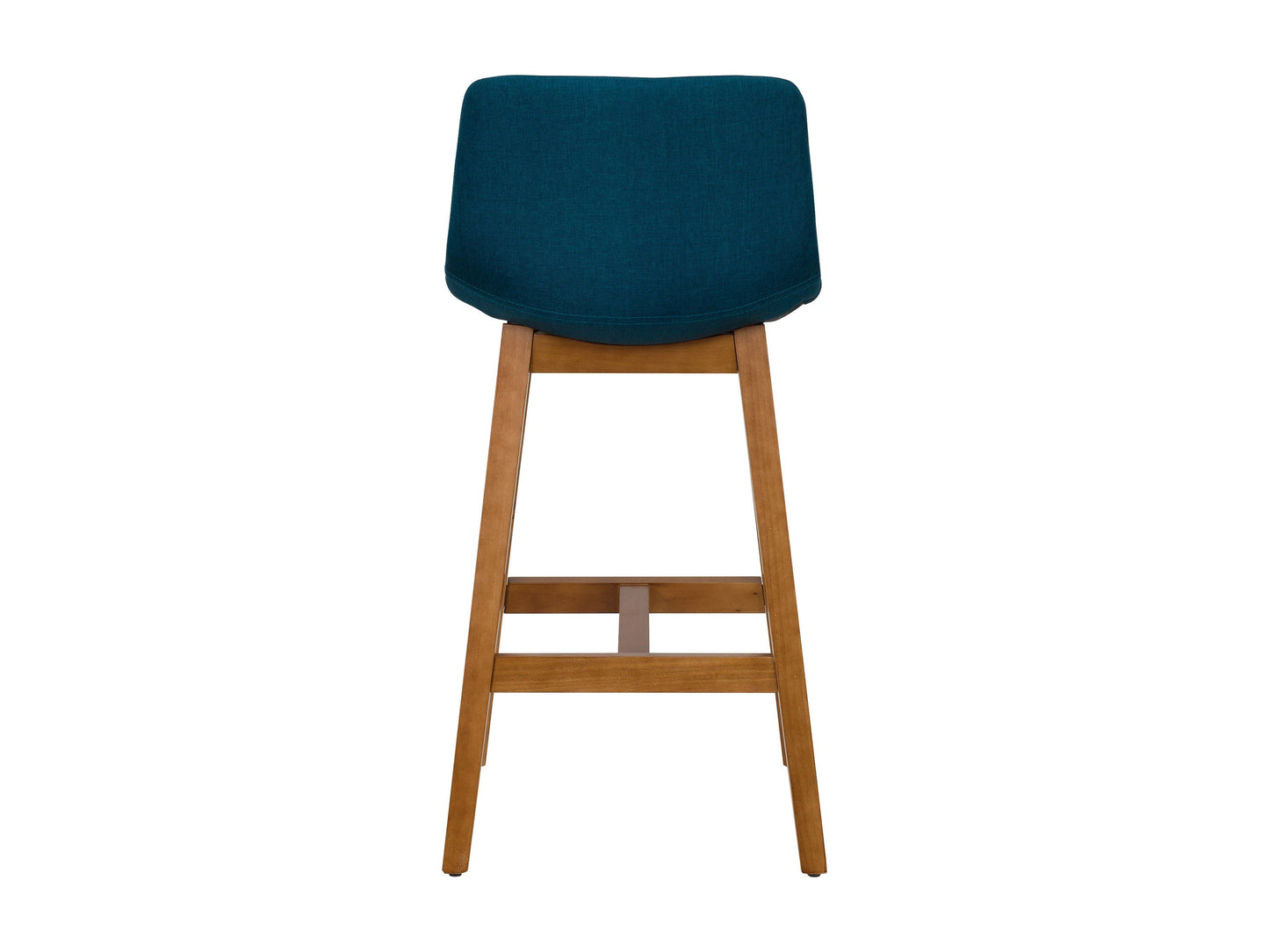 Two wooden bar stools with blue cushioned seats, featuring sleek, minimalist design and sturdy legs. Ideal for kitchen islands or home bars.