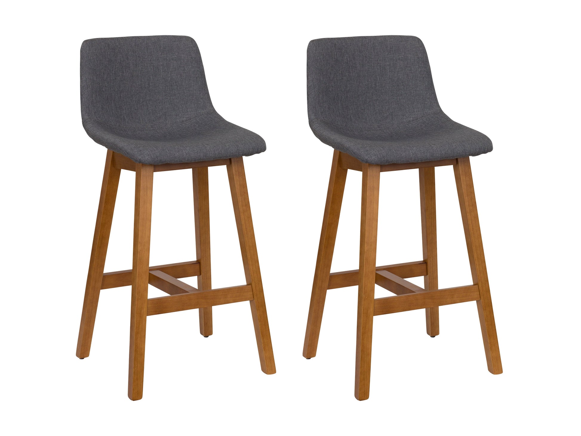 Set of 2 grey wood bar stools with cushioned seats, featuring a sleek backrest design and sturdy wooden legs, perfect for kitchen islands or home bars. Ideal for modern and contemporary decor.