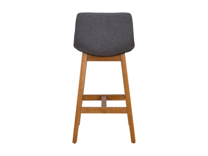 Set of 2 grey wood bar stools with cushioned seats, featuring a sleek backrest design and sturdy wooden legs, perfect for kitchen islands or home bars. Ideal for modern and contemporary decor.