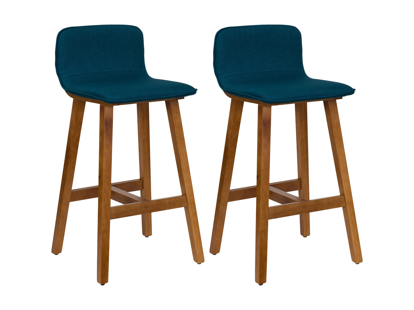 Blue wooden bar stools, set of 2, featuring a sleek design with cushioned seats, sturdy wooden legs, and a smooth finish, perfect for modern kitchen islands or home bars.