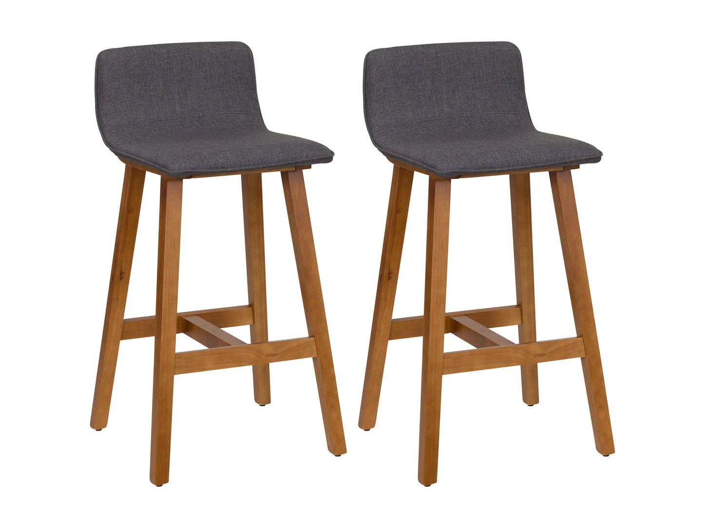 Grey wooden bar stools, set of 2, featuring cushioned seats, sleek backrests, and sturdy legs with footrests, perfect for modern kitchen or bar areas.