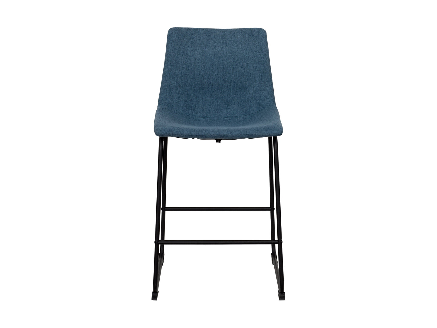 Blue upholstered bar stool with wooden legs, featuring a cushioned seat and backrest, sleek design, and sturdy construction. Ideal for modern kitchens or home bars.