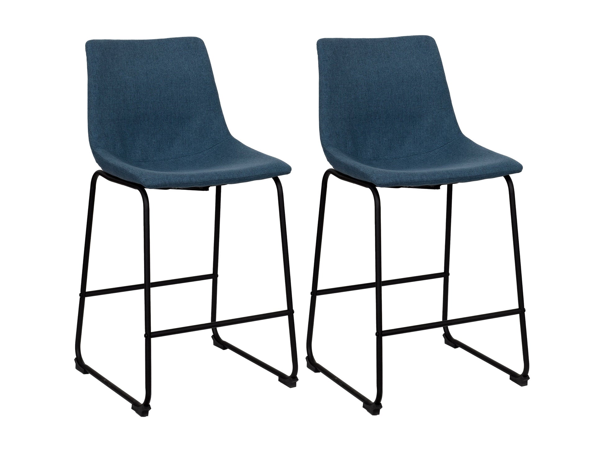 Blue upholstered bar stool with wooden legs, featuring a cushioned seat and backrest, sleek design, and sturdy construction. Ideal for modern kitchens or home bars.