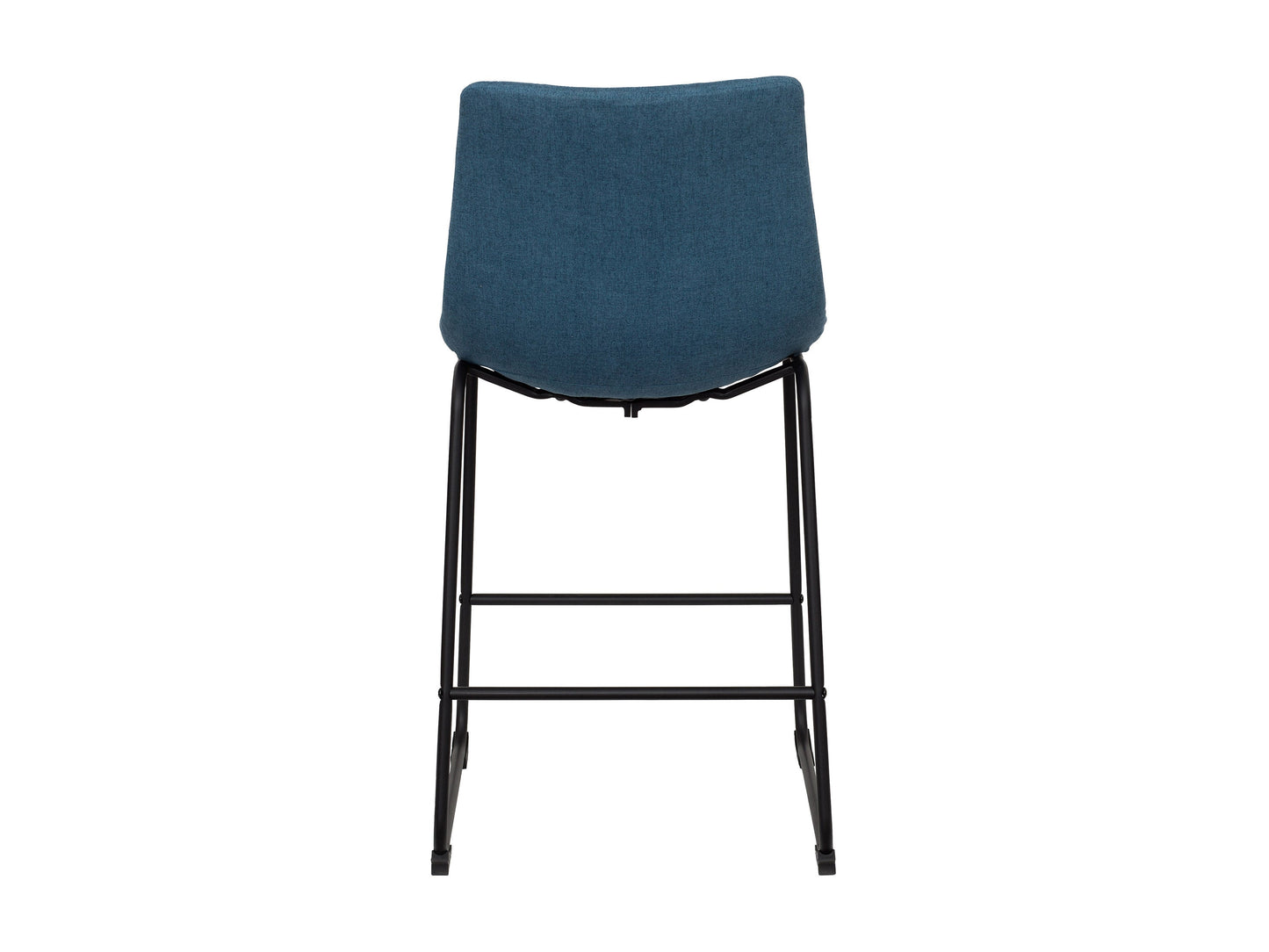 Blue upholstered bar stool with wooden legs, featuring a cushioned seat and backrest, sleek design, and sturdy construction. Ideal for modern kitchens or home bars.