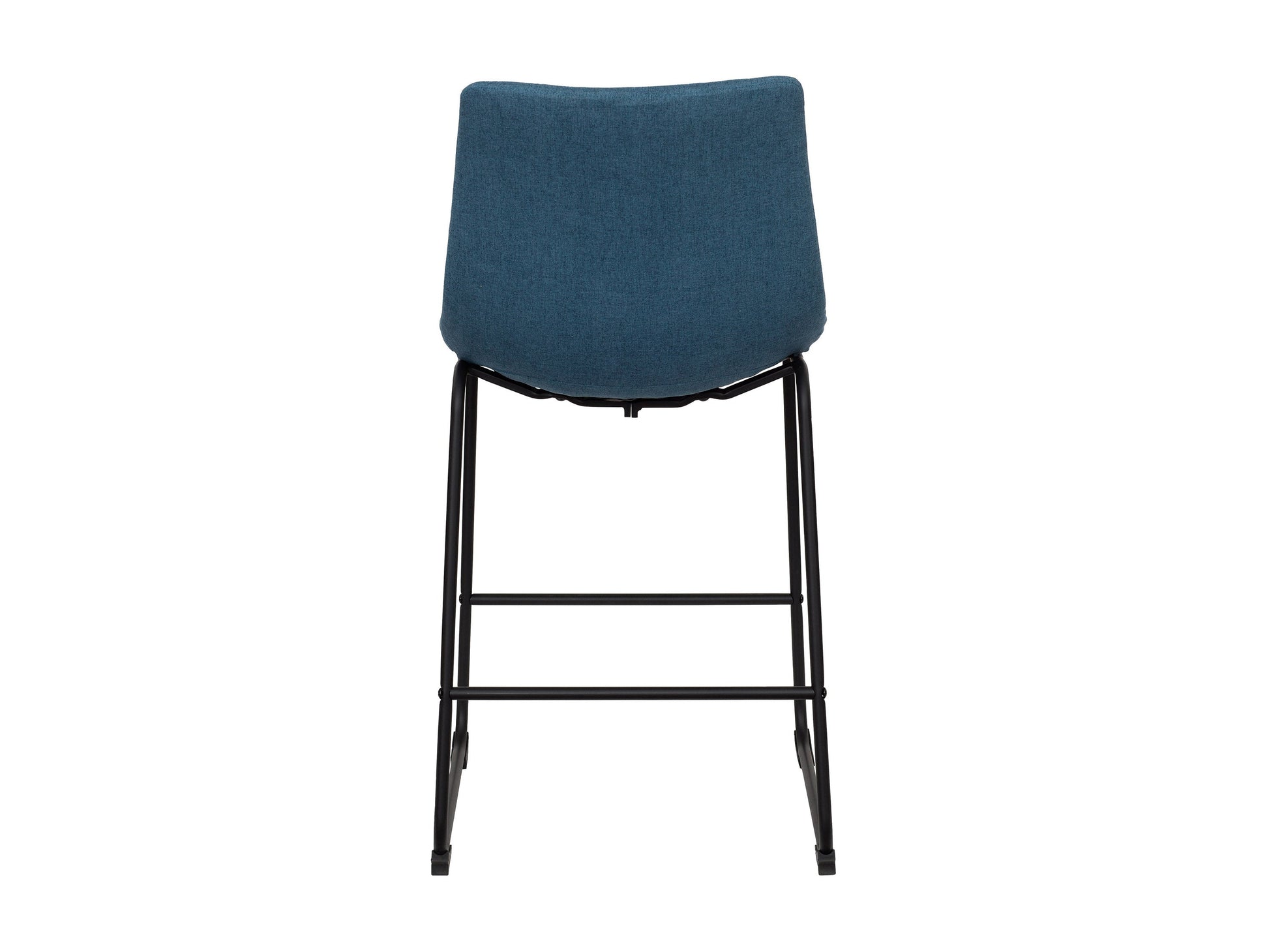 Blue upholstered bar stool with wooden legs, featuring a cushioned seat and backrest, sleek design, and sturdy construction. Ideal for modern kitchens or home bars.