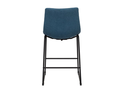 Blue upholstered bar stool with wooden legs, featuring a cushioned seat and backrest, sleek design, and sturdy construction. Ideal for modern kitchens or home bars.