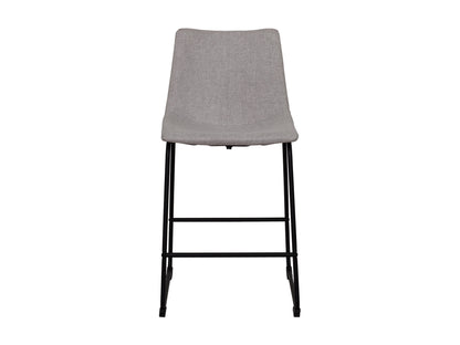 Light grey upholstered bar stool with wooden legs, featuring a cushioned seat and backrest, perfect for modern kitchens and home bars.