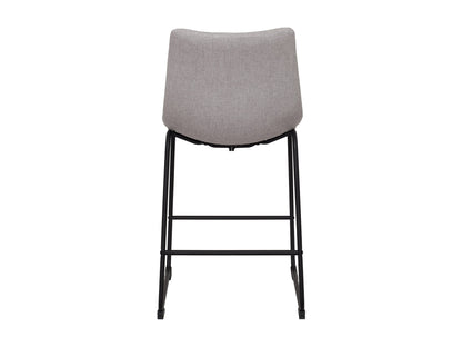 Light grey upholstered bar stool with wooden legs, featuring a cushioned seat and backrest, perfect for modern kitchens and home bars.