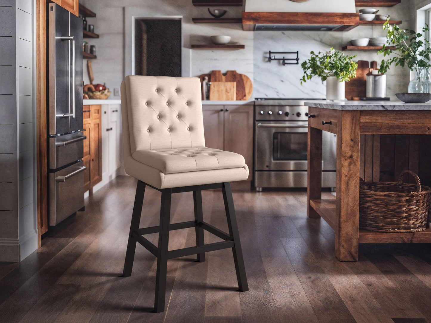 Beige button tufted bar stool with wooden legs, cushioned seat, and backrest. Upholstered in soft fabric, featuring a classic design ideal for kitchen islands or home bars.