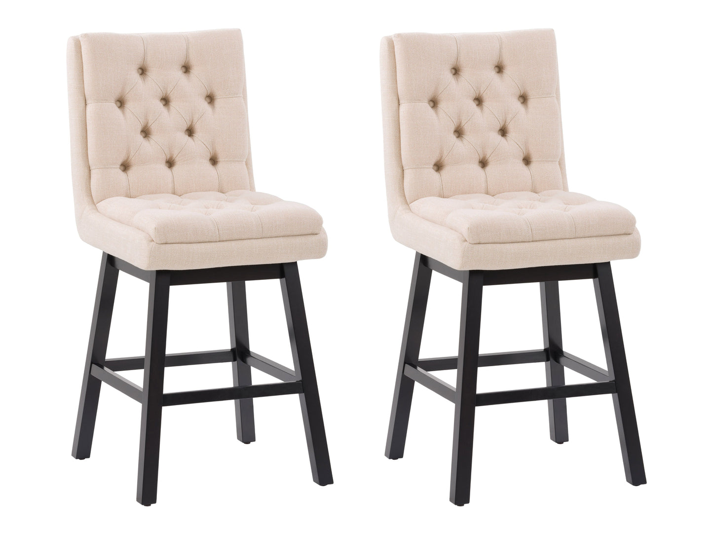 Beige button tufted bar stool with wooden legs, cushioned seat, and backrest. Upholstered in soft fabric, featuring a classic design ideal for kitchen islands or home bars.