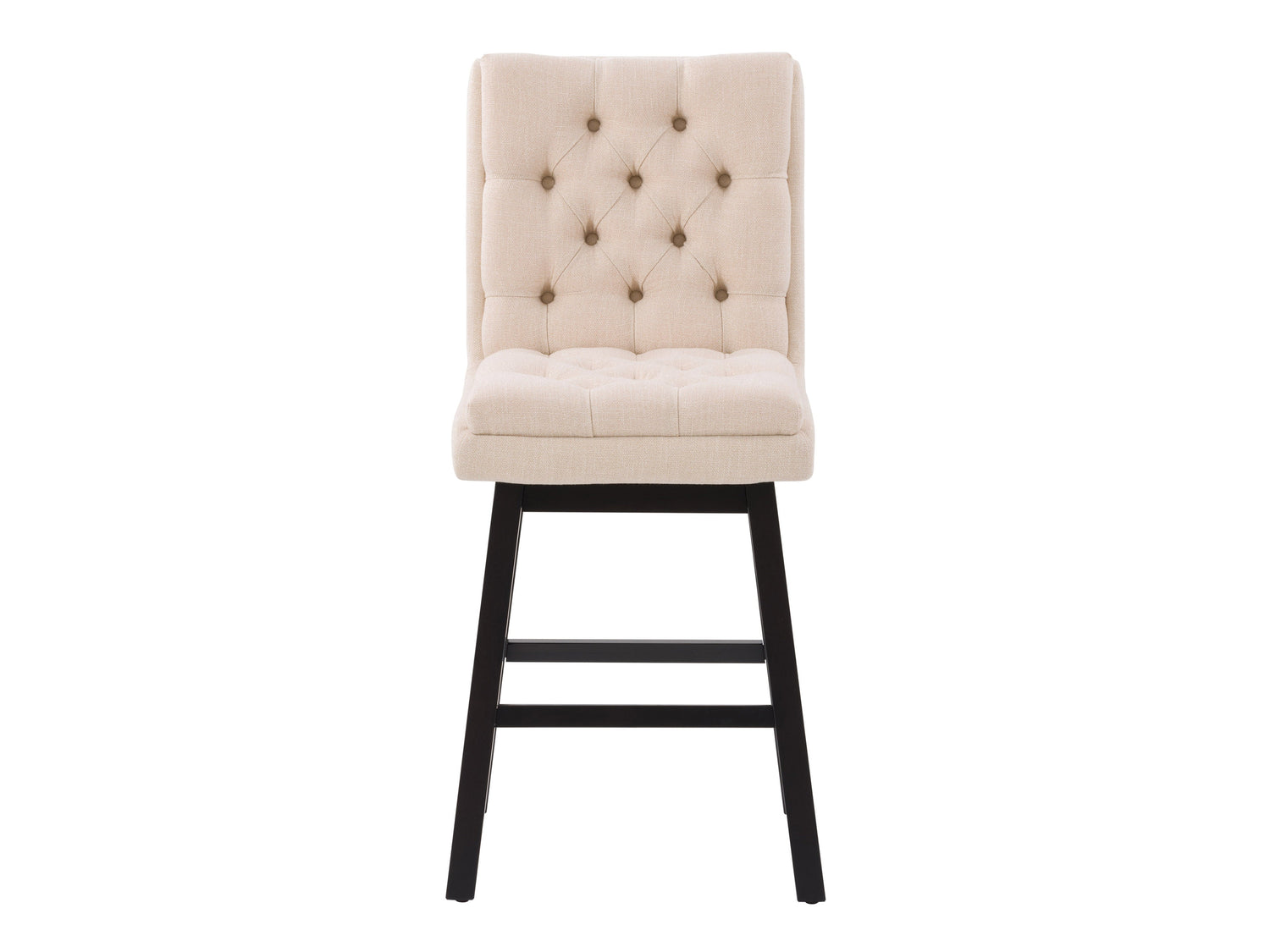 Beige button tufted bar stool with wooden legs, cushioned seat, and backrest. Upholstered in soft fabric, featuring a classic design ideal for kitchen islands or home bars.