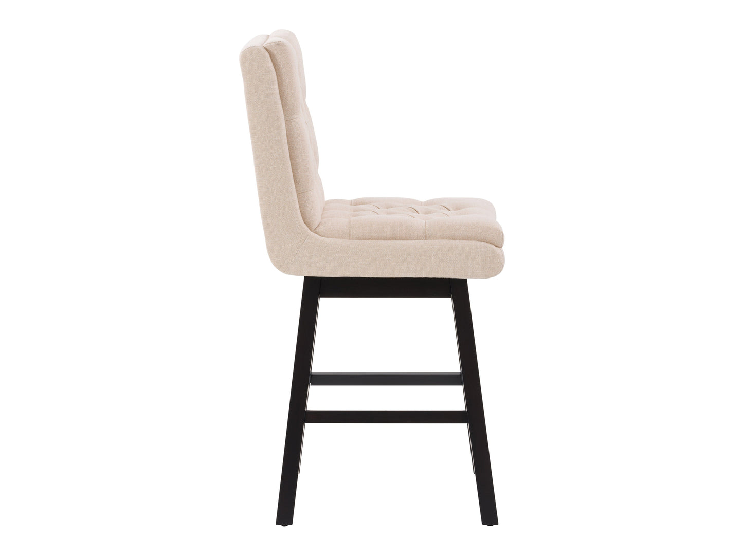 Beige button tufted bar stool with wooden legs, cushioned seat, and backrest. Upholstered in soft fabric, featuring a classic design ideal for kitchen islands or home bars.