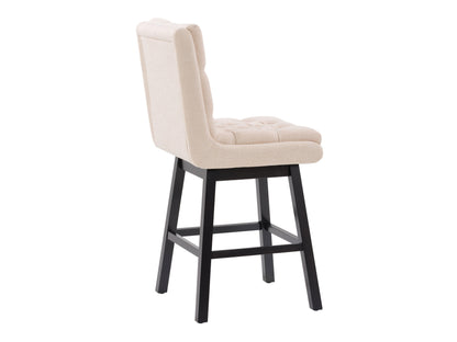 Beige button tufted bar stool with wooden legs, cushioned seat, and backrest. Upholstered in soft fabric, featuring a classic design ideal for kitchen islands or home bars.