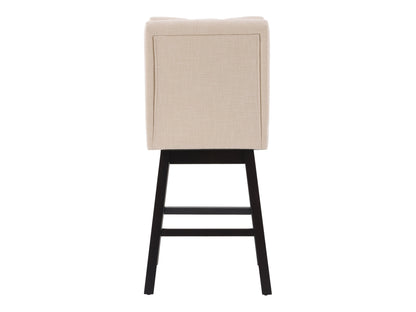 Beige button tufted bar stool with wooden legs, cushioned seat, and backrest. Upholstered in soft fabric, featuring a classic design ideal for kitchen islands or home bars.