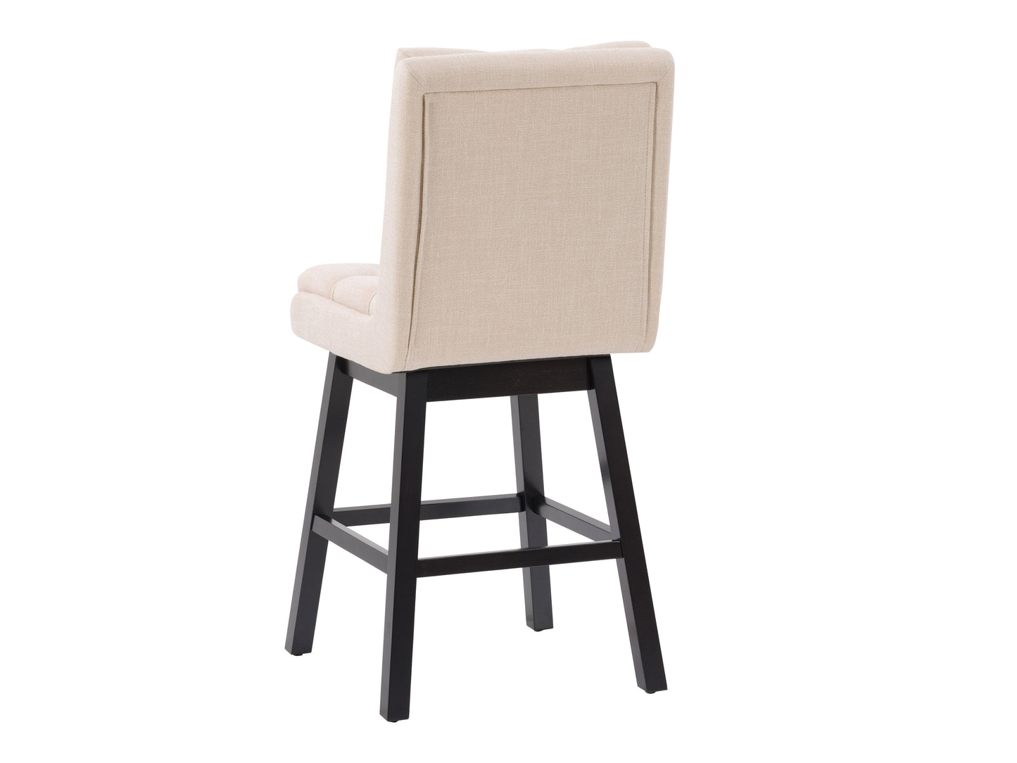 Beige button tufted bar stool with wooden legs, cushioned seat, and backrest. Upholstered in soft fabric, featuring a classic design ideal for kitchen islands or home bars.