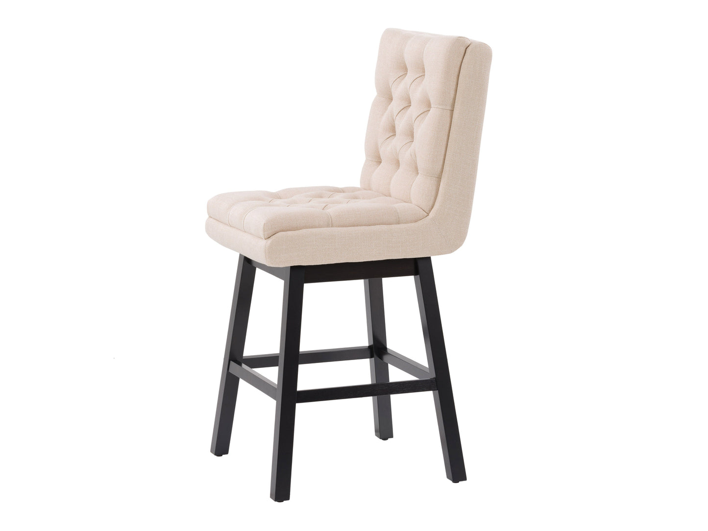 Beige button tufted bar stool with wooden legs, cushioned seat, and backrest. Upholstered in soft fabric, featuring a classic design ideal for kitchen islands or home bars.