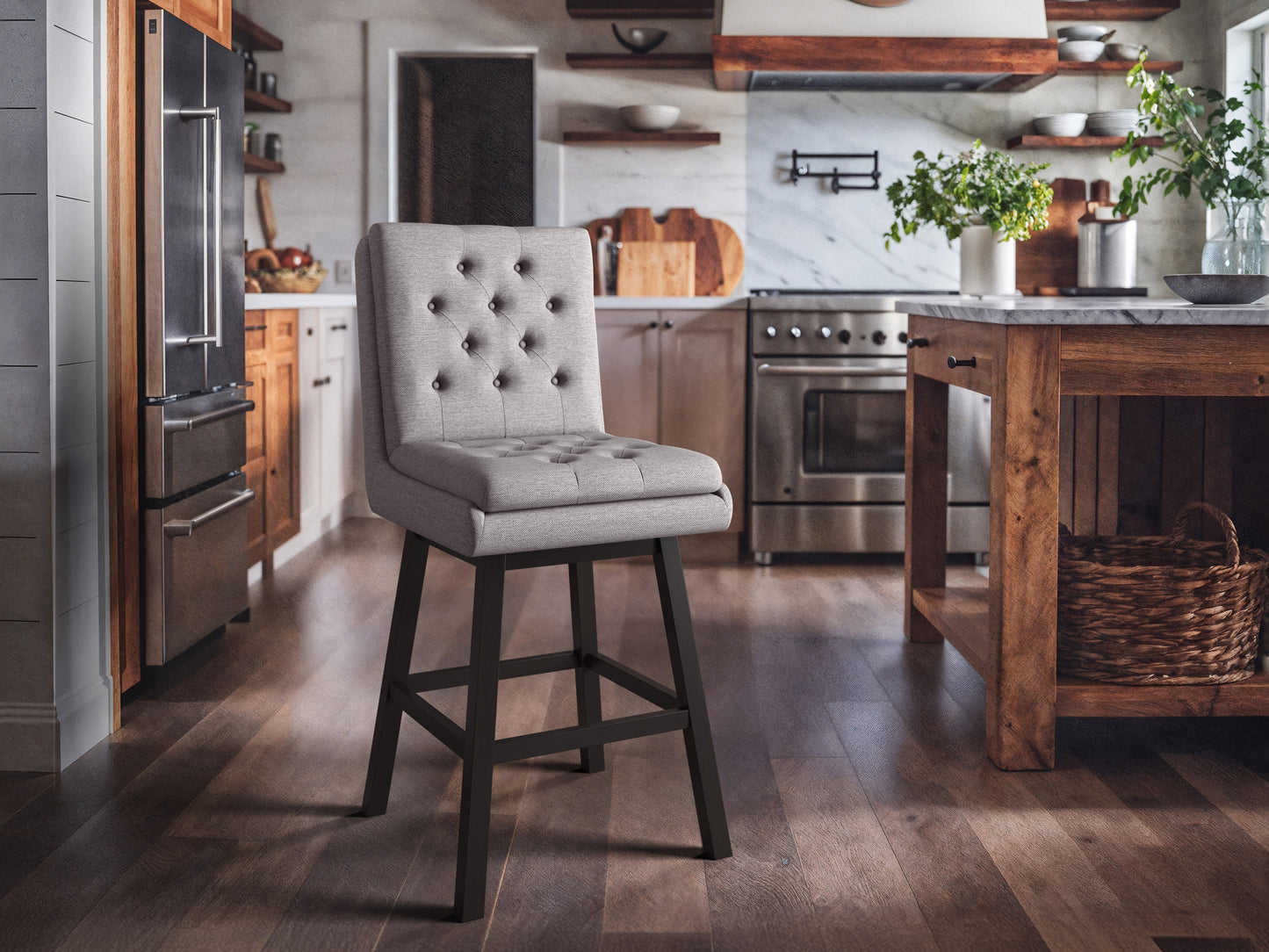 Light grey button tufted bar stool with wooden legs, featuring plush upholstery, elegant button detailing, and a comfortable footrest. Ideal for modern kitchens and home bars.