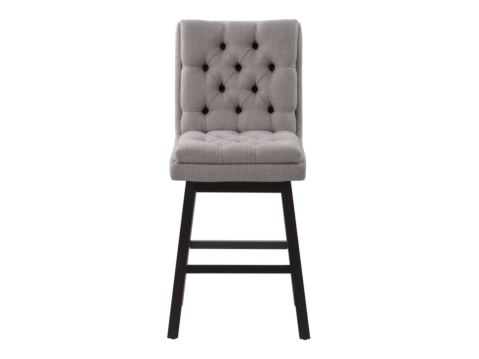 Light grey button tufted bar stool with wooden legs, featuring plush upholstery, elegant button detailing, and a comfortable footrest. Ideal for modern kitchens and home bars.