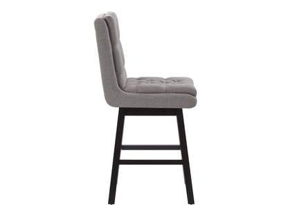 Light grey button tufted bar stool with wooden legs, featuring plush upholstery, elegant button detailing, and a comfortable footrest. Ideal for modern kitchens and home bars.