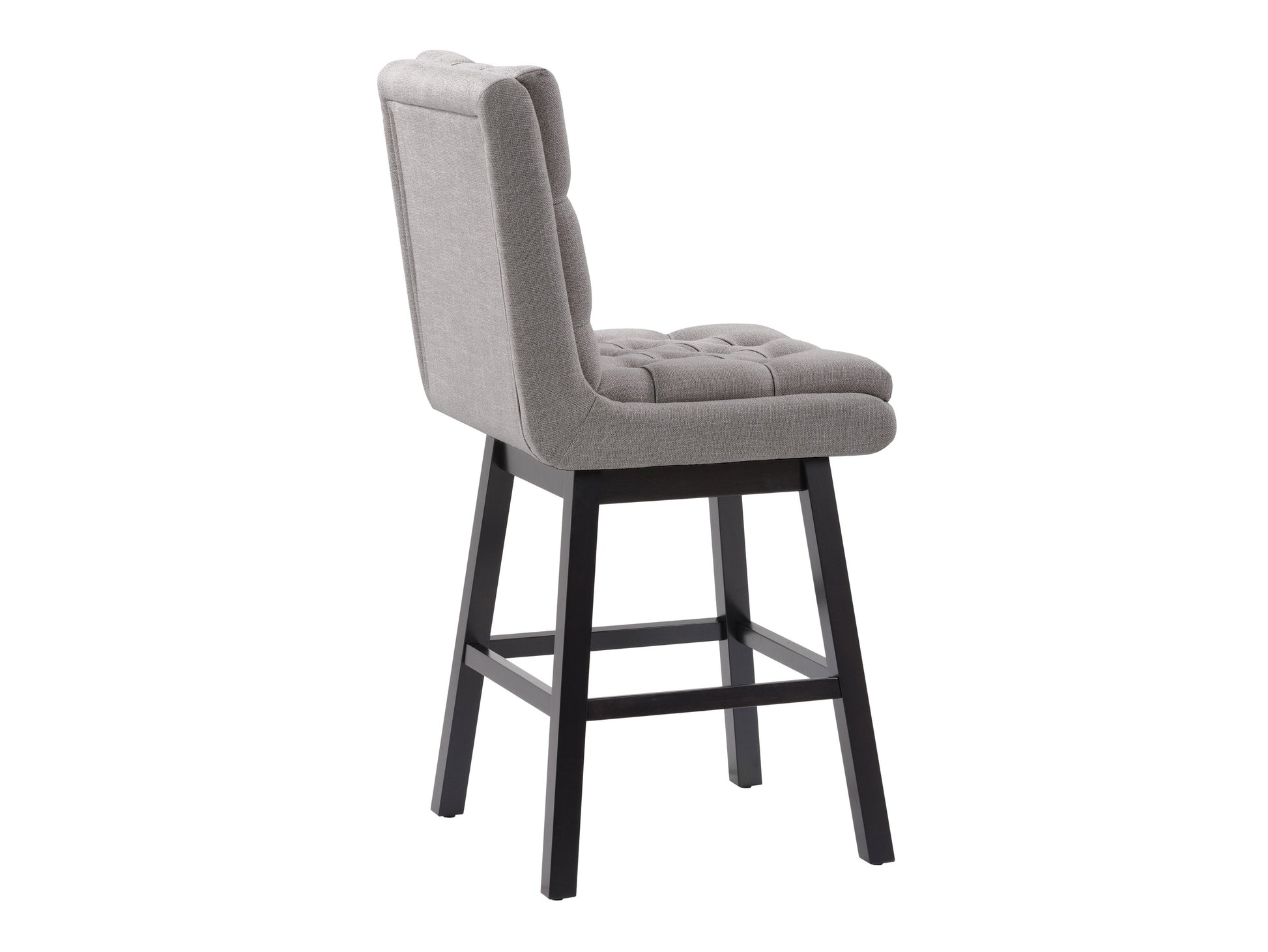 Light grey button tufted bar stool with wooden legs, featuring plush upholstery, elegant button detailing, and a comfortable footrest. Ideal for modern kitchens and home bars.