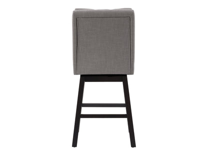 Light grey button tufted bar stool with wooden legs, featuring plush upholstery, elegant button detailing, and a comfortable footrest. Ideal for modern kitchens and home bars.