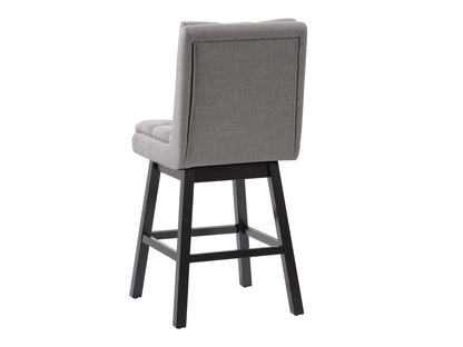 Light grey button tufted bar stool with wooden legs, featuring plush upholstery, elegant button detailing, and a comfortable footrest. Ideal for modern kitchens and home bars.