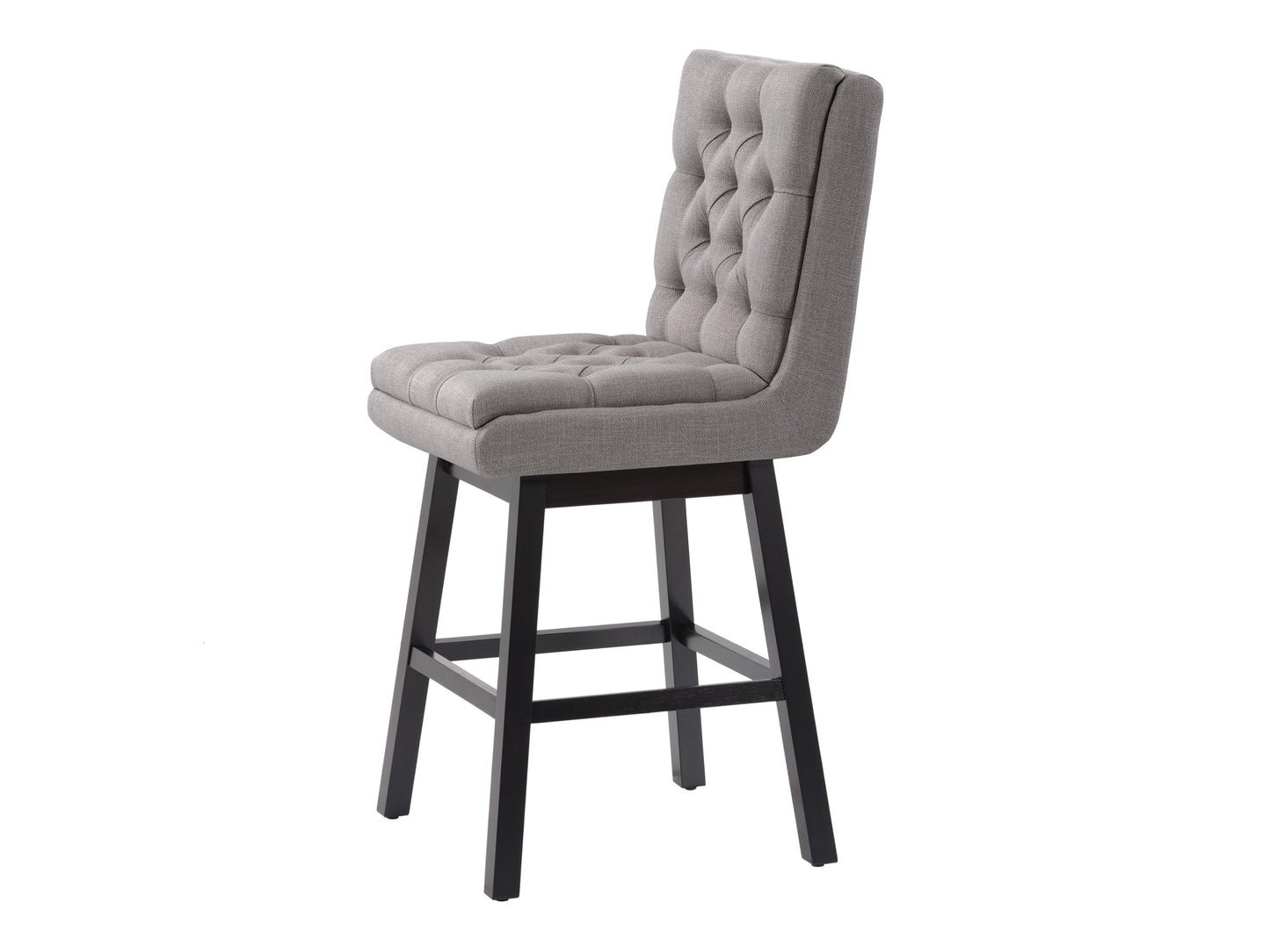 Light grey button tufted bar stool with wooden legs, featuring plush upholstery, elegant button detailing, and a comfortable footrest. Ideal for modern kitchens and home bars.