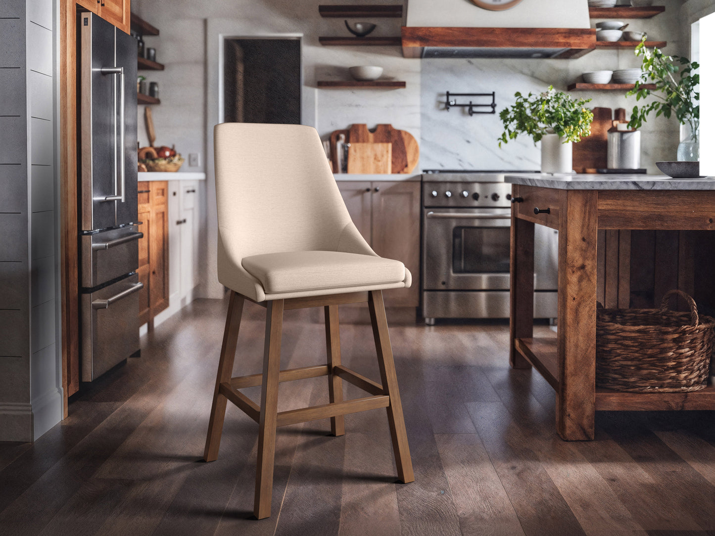 Beige modern bar stool with sleek metal legs, cushioned seat, and backrest, featuring a minimalist design perfect for contemporary kitchens and home bars.