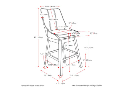 Dark grey modern bar stools with sleek metal legs, upholstered in soft fabric, featuring ergonomic design and footrest. Ideal for contemporary kitchen or bar settings.