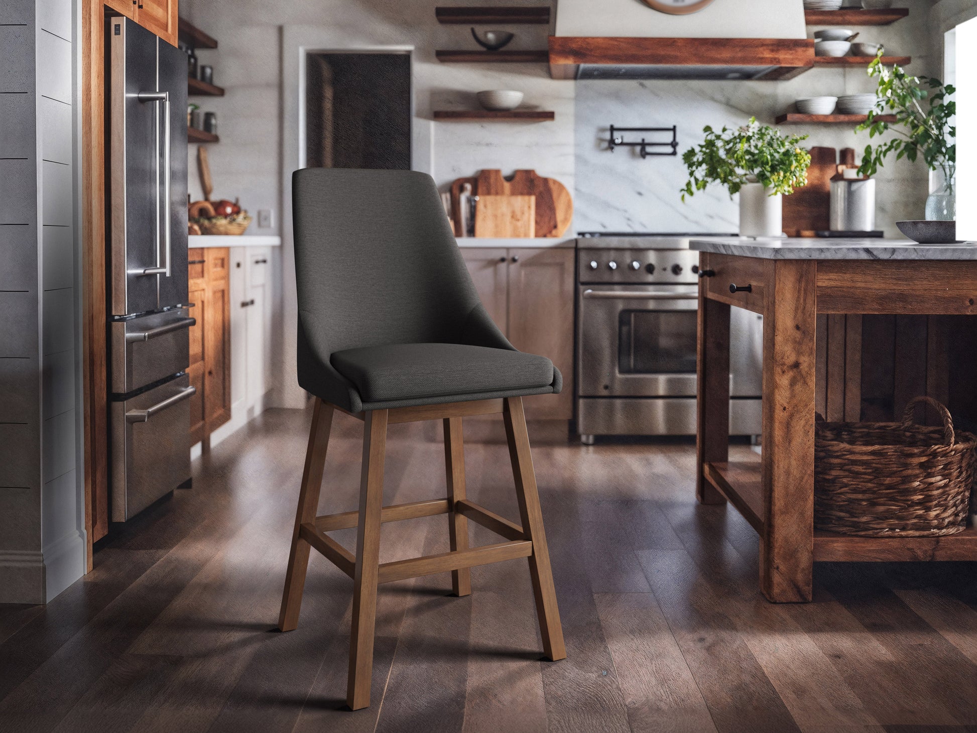 Dark grey modern bar stools with sleek metal legs, upholstered in soft fabric, featuring ergonomic design and footrest. Ideal for contemporary kitchen or bar settings.