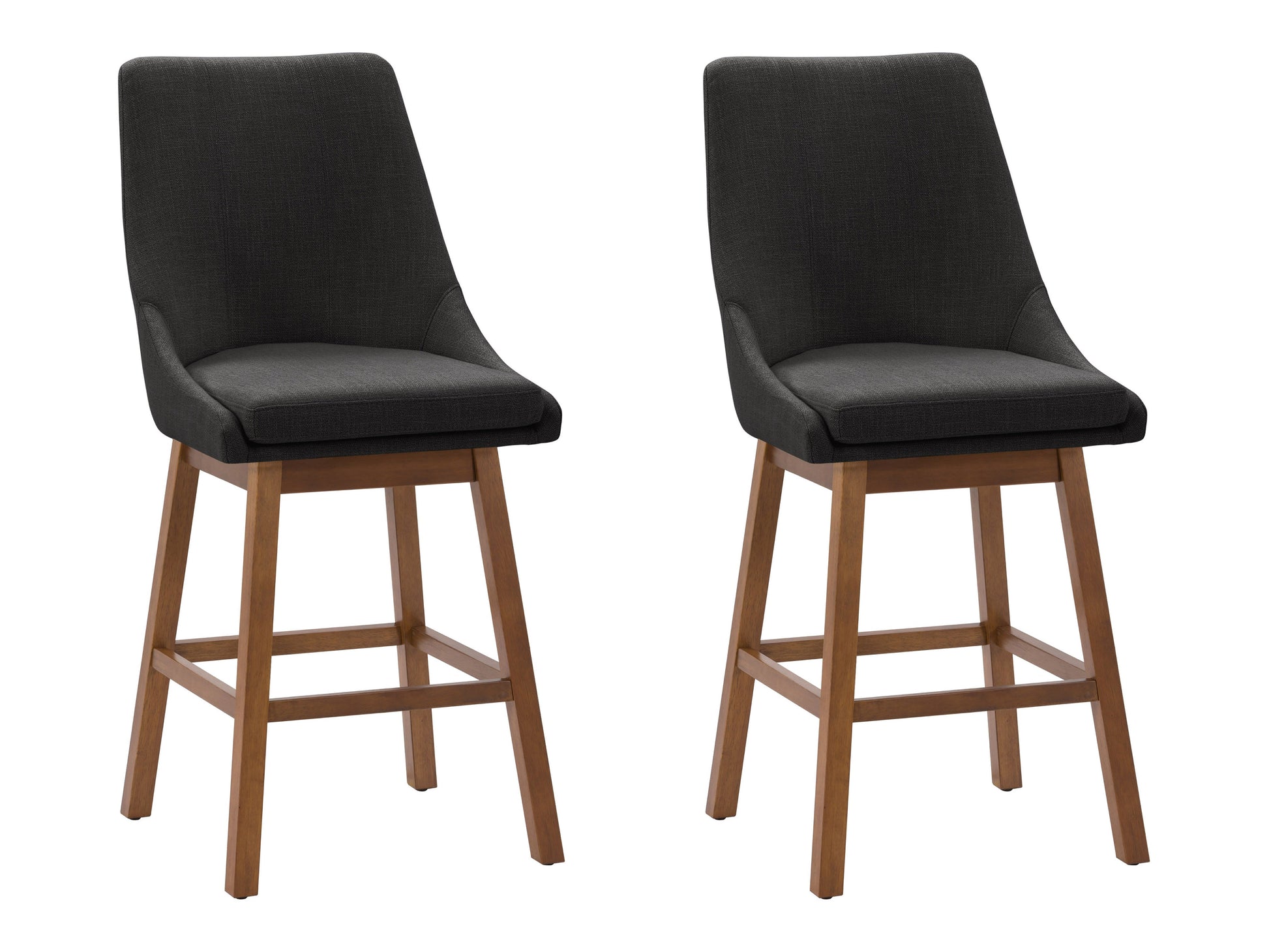 Dark grey modern bar stools with sleek metal legs, upholstered in soft fabric, featuring ergonomic design and footrest. Ideal for contemporary kitchen or bar settings.