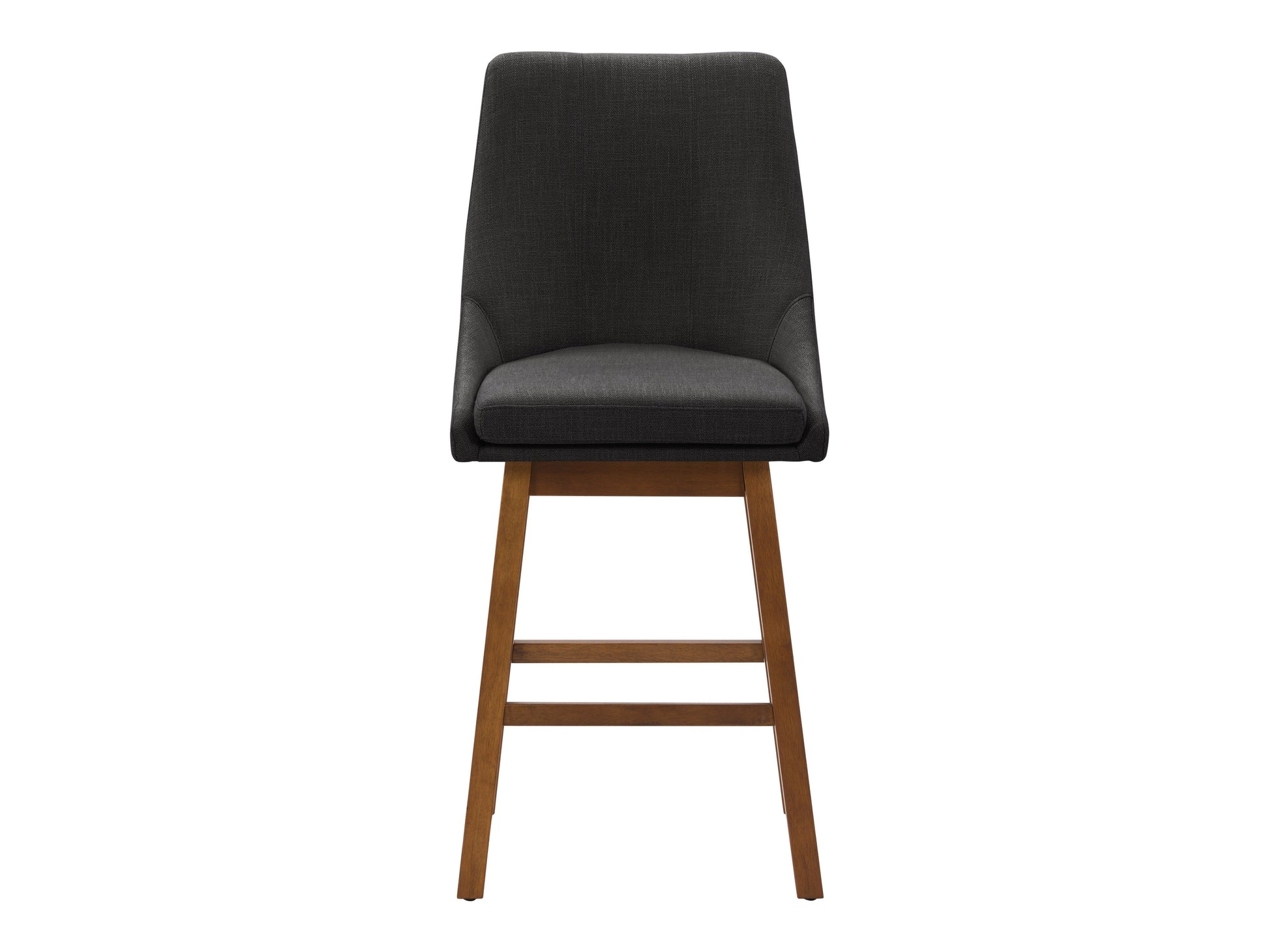 Dark grey modern bar stools with sleek metal legs, upholstered in soft fabric, featuring ergonomic design and footrest. Ideal for contemporary kitchen or bar settings.