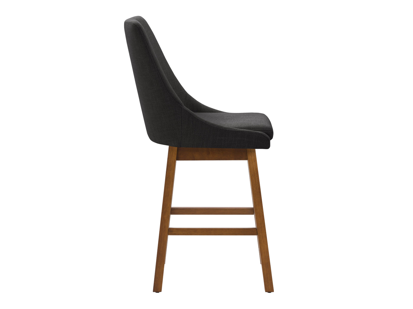 Dark grey modern bar stools with sleek metal legs, upholstered in soft fabric, featuring ergonomic design and footrest. Ideal for contemporary kitchen or bar settings.