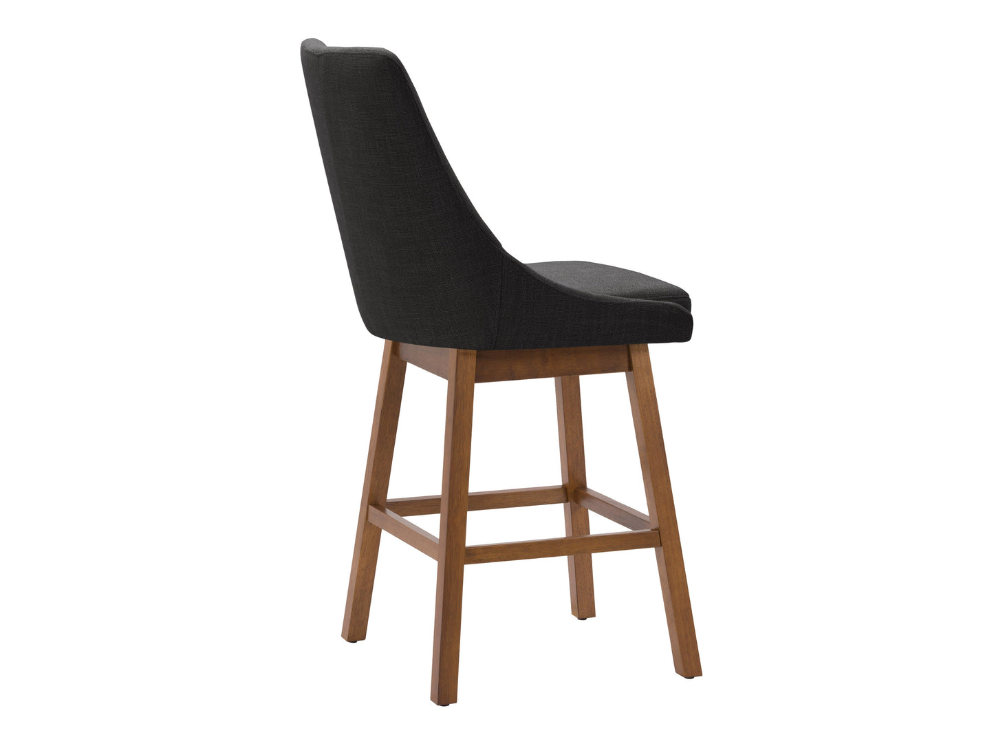 Dark grey modern bar stools with sleek metal legs, upholstered in soft fabric, featuring ergonomic design and footrest. Ideal for contemporary kitchen or bar settings.