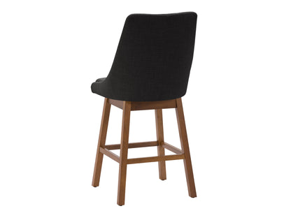 Dark grey modern bar stools with sleek metal legs, upholstered in soft fabric, featuring ergonomic design and footrest. Ideal for contemporary kitchen or bar settings.