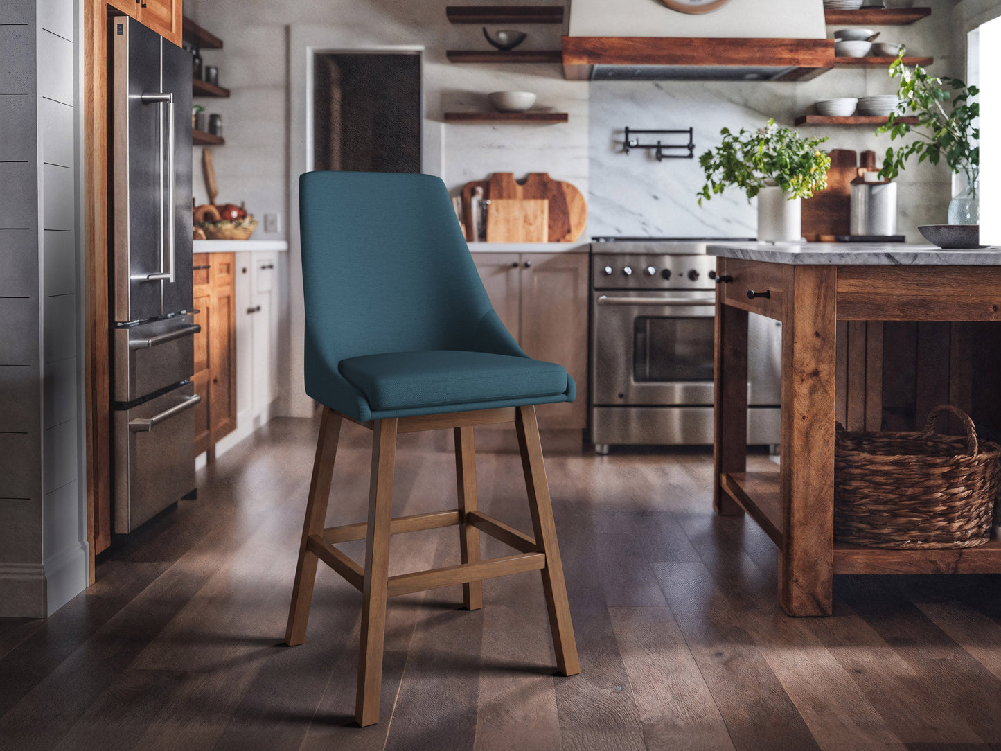 Blue modern bar stools with cushioned seats, sleek metal legs, and footrests. Ideal for contemporary kitchens or home bars, these stools feature a minimalist design and vibrant blue upholstery for a stylish touch.