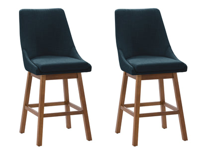 Blue modern bar stools with cushioned seats, sleek metal legs, and footrests. Ideal for contemporary kitchens or home bars, these stools feature a minimalist design and vibrant blue upholstery for a stylish touch.