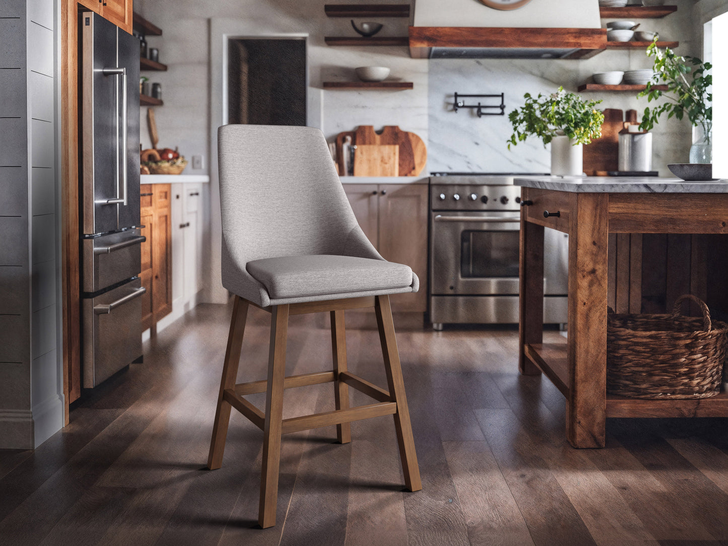 Light grey modern bar stools with cushioned seats, sleek metal legs, and footrests. Ideal for contemporary kitchens or bars, these stools feature a minimalist design and durable fabric upholstery.