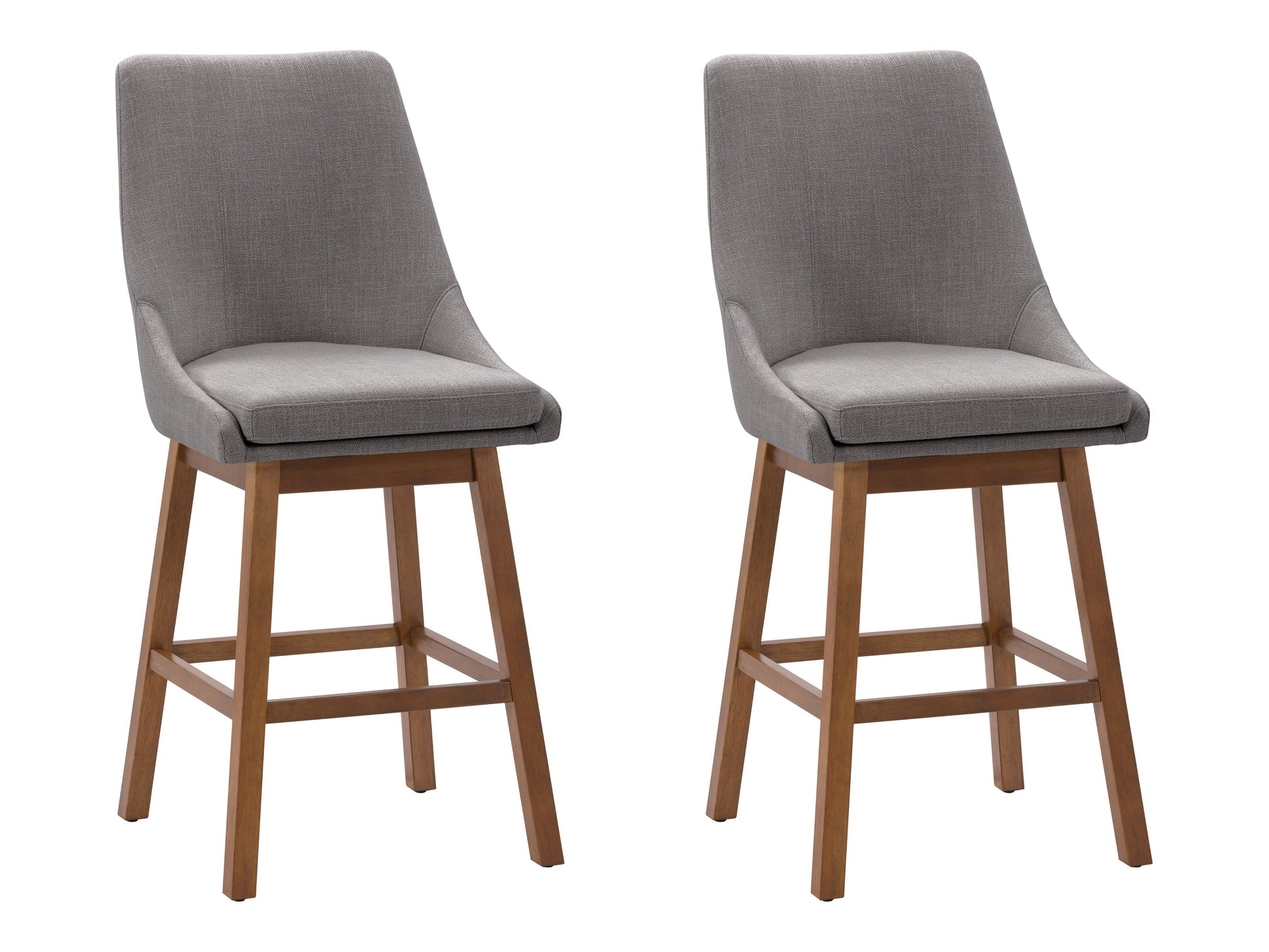 Light grey modern bar stools with cushioned seats, sleek metal legs, and footrests. Ideal for contemporary kitchens or bars, these stools feature a minimalist design and durable fabric upholstery.