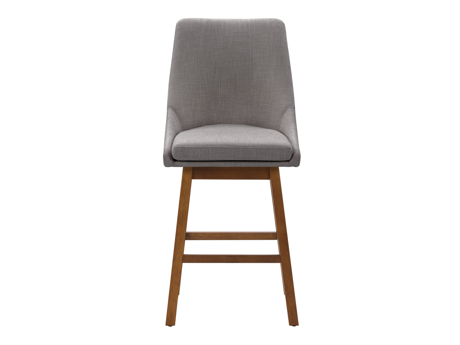 Light grey modern bar stools with cushioned seats, sleek metal legs, and footrests. Ideal for contemporary kitchens or bars, these stools feature a minimalist design and durable fabric upholstery.